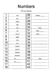 English Worksheet: Numbers 1 to 50