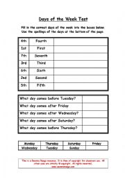English Worksheet: Days of the Week Test