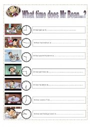 English Worksheet: What time does Mr Bean.....? Easy times for  young learners