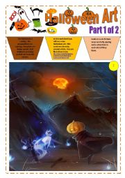 English Worksheet: HALLOWEEN with ART (16 pages) - Part 1 of 2) - 8 images with exercices and instructions + video session