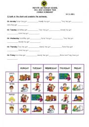 English Worksheet: school subjects + telling time