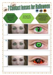 English Worksheet: HALLOWEEN - 7 CONTACT LENSES FOR HALLOWEEN (8 Pages) exercises, instructions and a video session IDIOMS & Expressions about EYES
