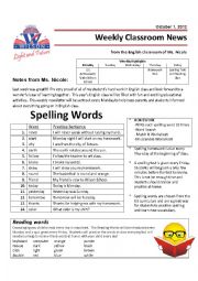 English Worksheet: Weekly Newsletter and Homework - Grade 4 