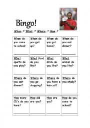 English Worksheet: Interrogatives bingo