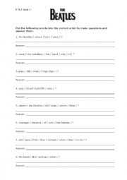 English Worksheet: Past tense questions about The Beatles