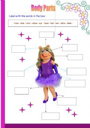 English Worksheet: Body Parts - Miss Piggy (muppets)