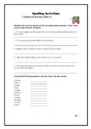 English Worksheet: Spelling rules- i before e except after c