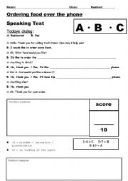 English Worksheet: Ordering Food Speaking Test