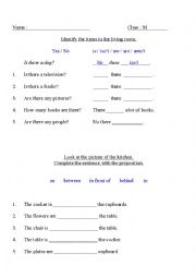 English Worksheet: In the living room and kitchen
