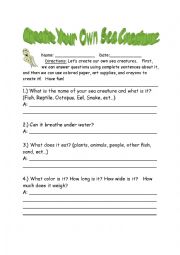English Worksheet: Create Your Own Sea Creature Project Plus my example