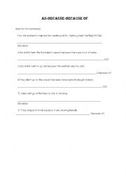 English Worksheet: as- because-because of