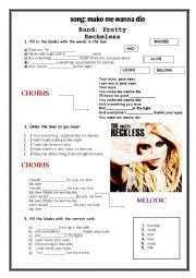 English Worksheet: Song - Make me wanna die (Pretty Reckless)