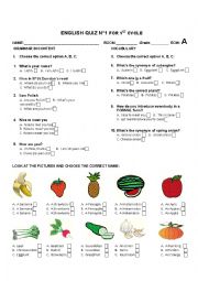 Quiz based on Common questions, greetings, synonyms, fruit and vegetables - row A