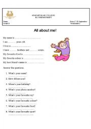 English Worksheet: all about me