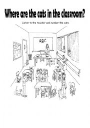 English Worksheet: Where are the cats? (in the classroom - preposirions)