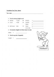 English Worksheet: Vocabulary test, Topic: SPORTS