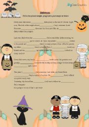 English Worksheet: Halloween - Present simple, present progressive, past simple and future