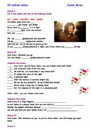 English Worksheet: Song : 93 million miles - Jason Mraz - With answer key