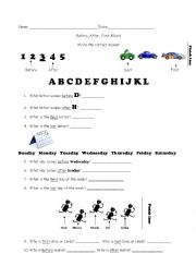 English Worksheet: Before, After, First & Last