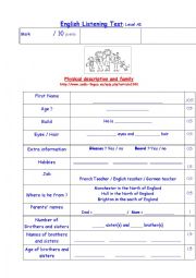 English Worksheet: listening test  : physical description/ family / hobbies/  jobs