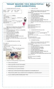 English Worksheet: WHAT MAKES YOU BEAUTIFUL (ONE DIRECTION)