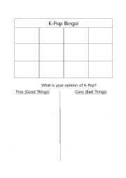 English Worksheet: K-Pop bingo and pros and cons