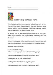 English Worksheet: BOBBYS BIG BIRTHDAY PARTY