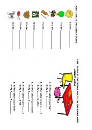 English Worksheet: vocabulary building colors classroom objects