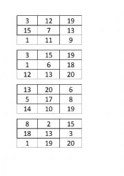 English Worksheet: numbers bingo from 1-20