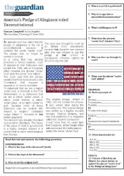 English Worksheet: Americas Pledge of Allegiance ruled Unconstitutional