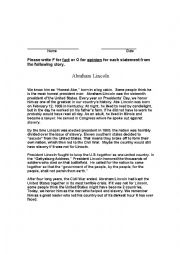English Worksheet: Abraham Lincoln Fact or Opinion
