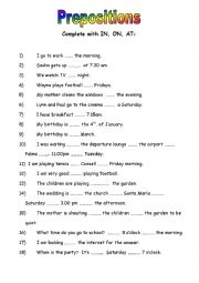 English Worksheet: Prepositions In, On, At