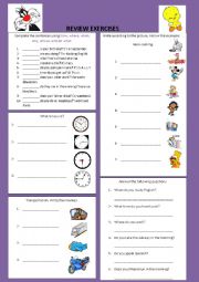 English Worksheet: REVIEW EXERCISES ON: WH- QUESTIONS, PRESENT CONTINUOUS, TIME, SIMPLE PRESENT AND TRANSPORTATION