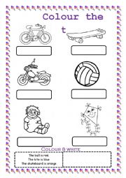 English Worksheet: Colour the toys and write their names