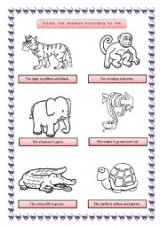 English Worksheet: Colour the wild animals according to the descriptions