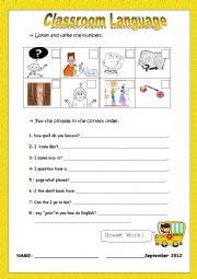 English Worksheet: classroom language listen and number, put the phrases in order