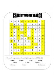 English Worksheet: charity word search