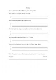 English Worksheet: Money - discussion to introduce a theme