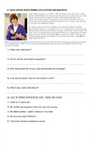 English Worksheet: Reading about Justin Bieber