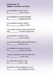 English Worksheet: Paraphrasing PET - Prohibition, permission, obligation