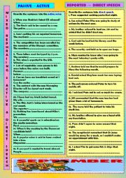 English Worksheet: Mixed rephrasing 2: passive to active & reported to direct speech