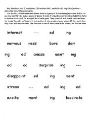 English Worksheet: game for derivation of verbs of emotion into ing/ed adjectives and nouns