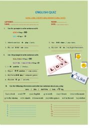 English Worksheet: English Quiz - Love / Like / not Like / Hate + V-ing