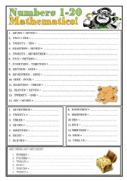 English Worksheet: Numbers 1-20. Mathematics.