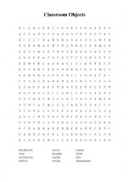 English Worksheet: Classroom Objects Wordsearch