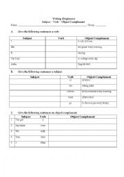 English Worksheet: Subject-Verb-Object/Coplement