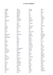 English Worksheet: Animals list