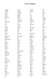 English Worksheet: Animals list