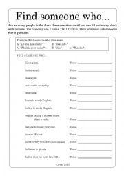English Worksheet: Find someone who (Present Tense)