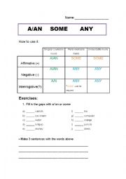 English Worksheet: A/AN, SOME and ANY